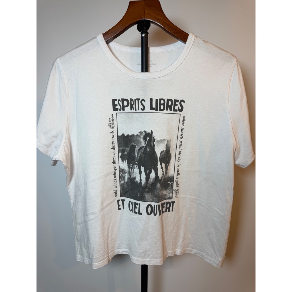 Abercrombie & Fitch Skimming Tee White Horse Graphic French Text Shirt Large